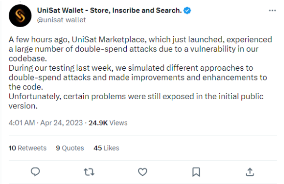 UniSat Wallet's Tweet on Security Issue