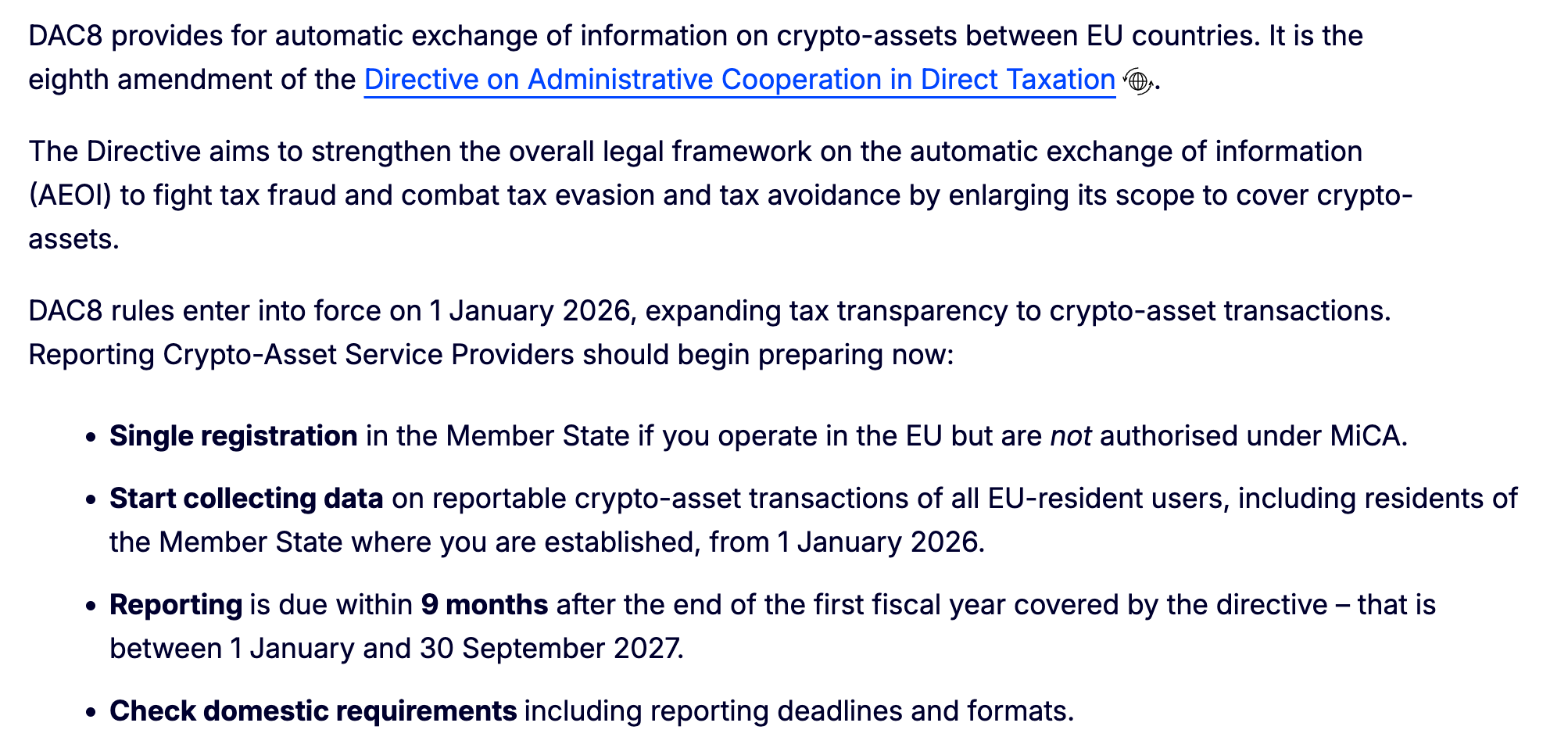 Extract from DAC8 implemented in Europe in January 2026.