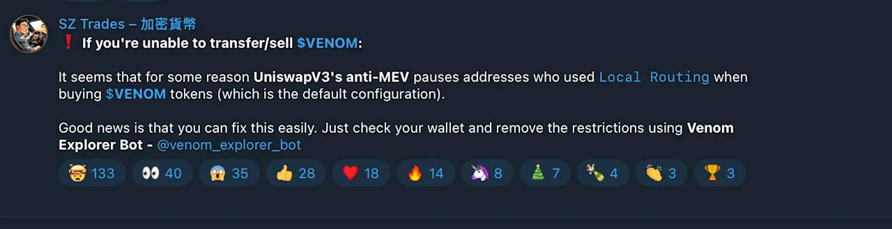 Troubleshooting VENOM Token Transfer Issues on UniswapV3
