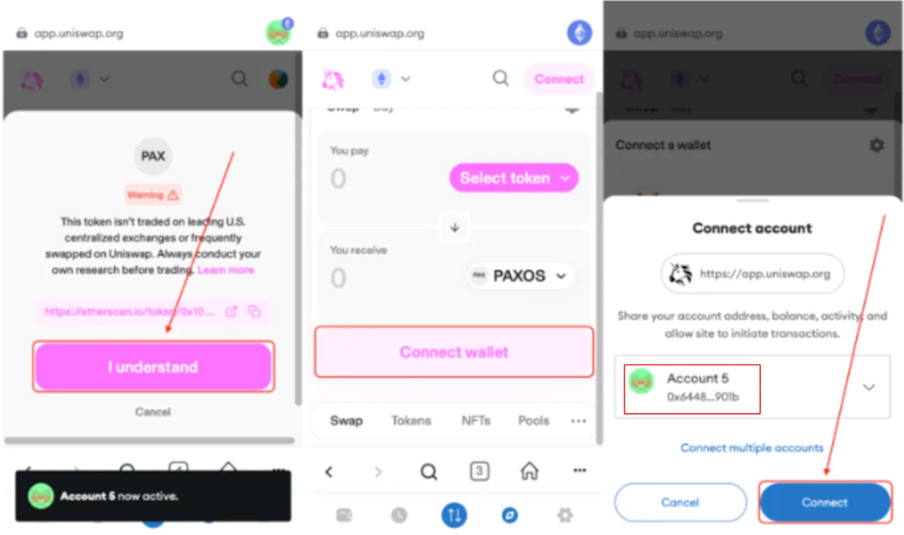 Uniswap Interface: Token Selection and Wallet Connection Process