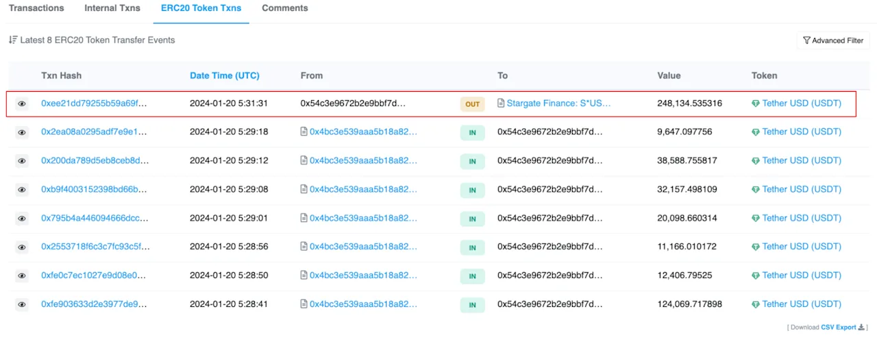 ERC20 Token Transfer Events to Stargate Finance