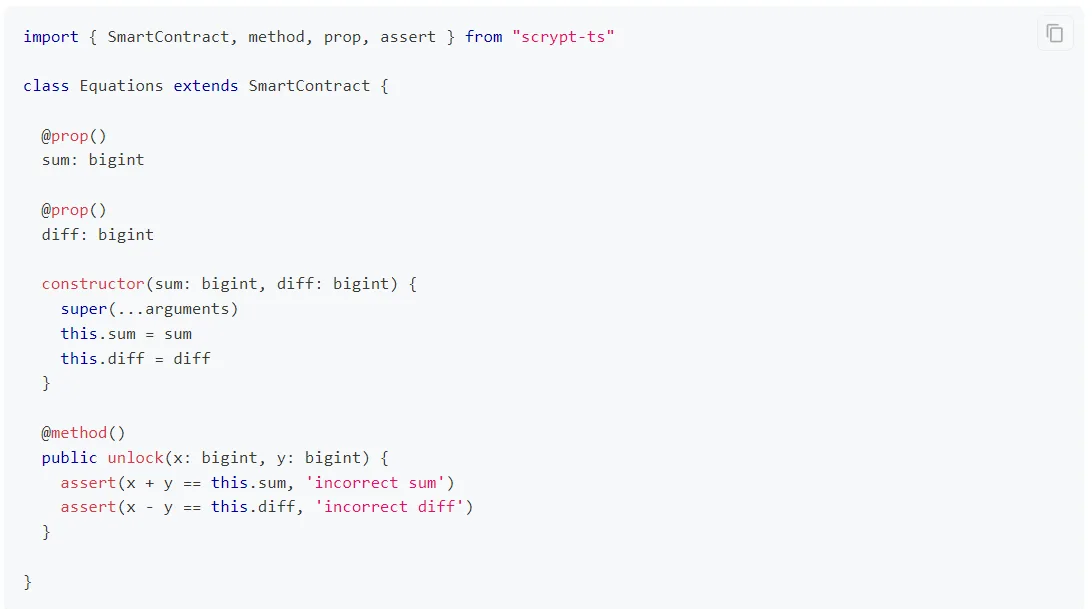 Sample sCrypt Smart Contract Code for Equation Verification