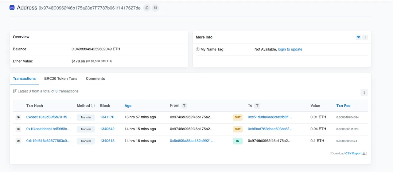 Ethereum Wallet Address Overview and Recent Transactions