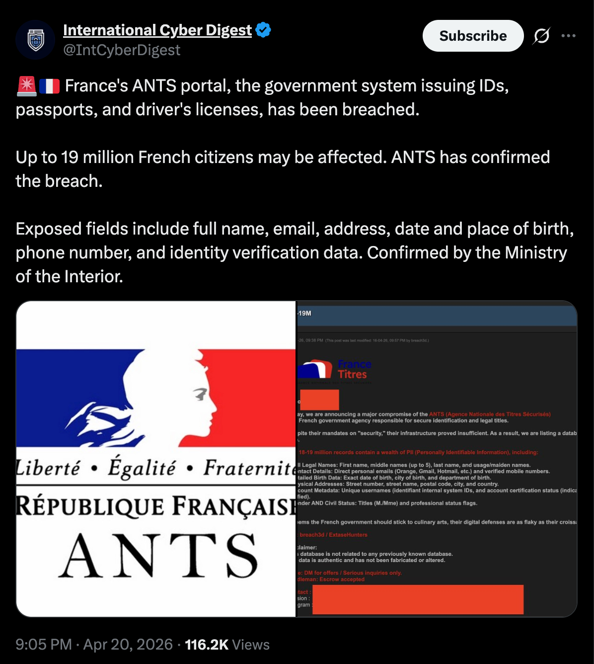 Reporting on the ANTS portal breach, which exposed identity data for up to 19 million French citizens