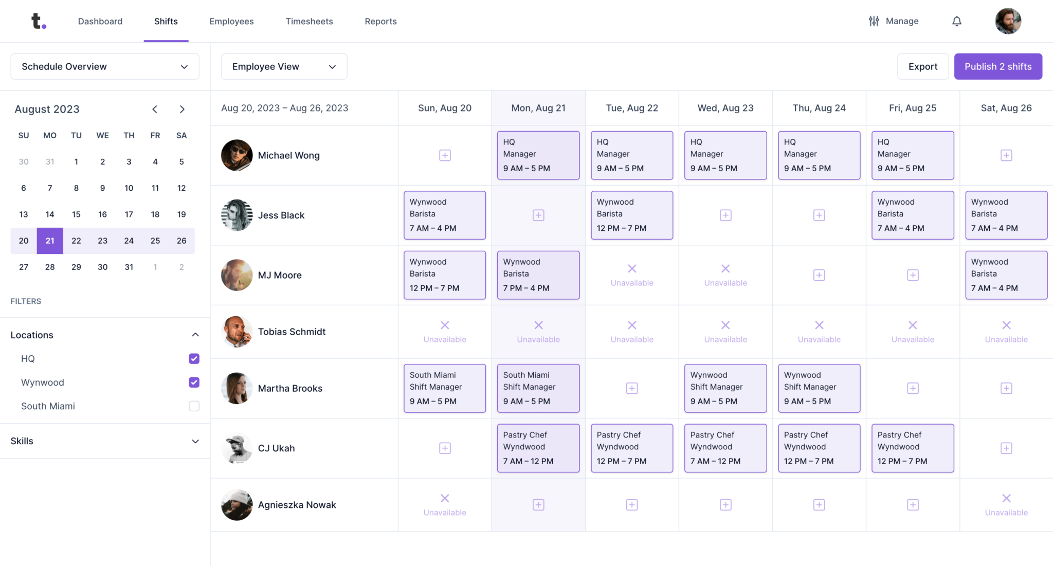 Screenshot of schedule page in Timewave workforce scheduling SaaS