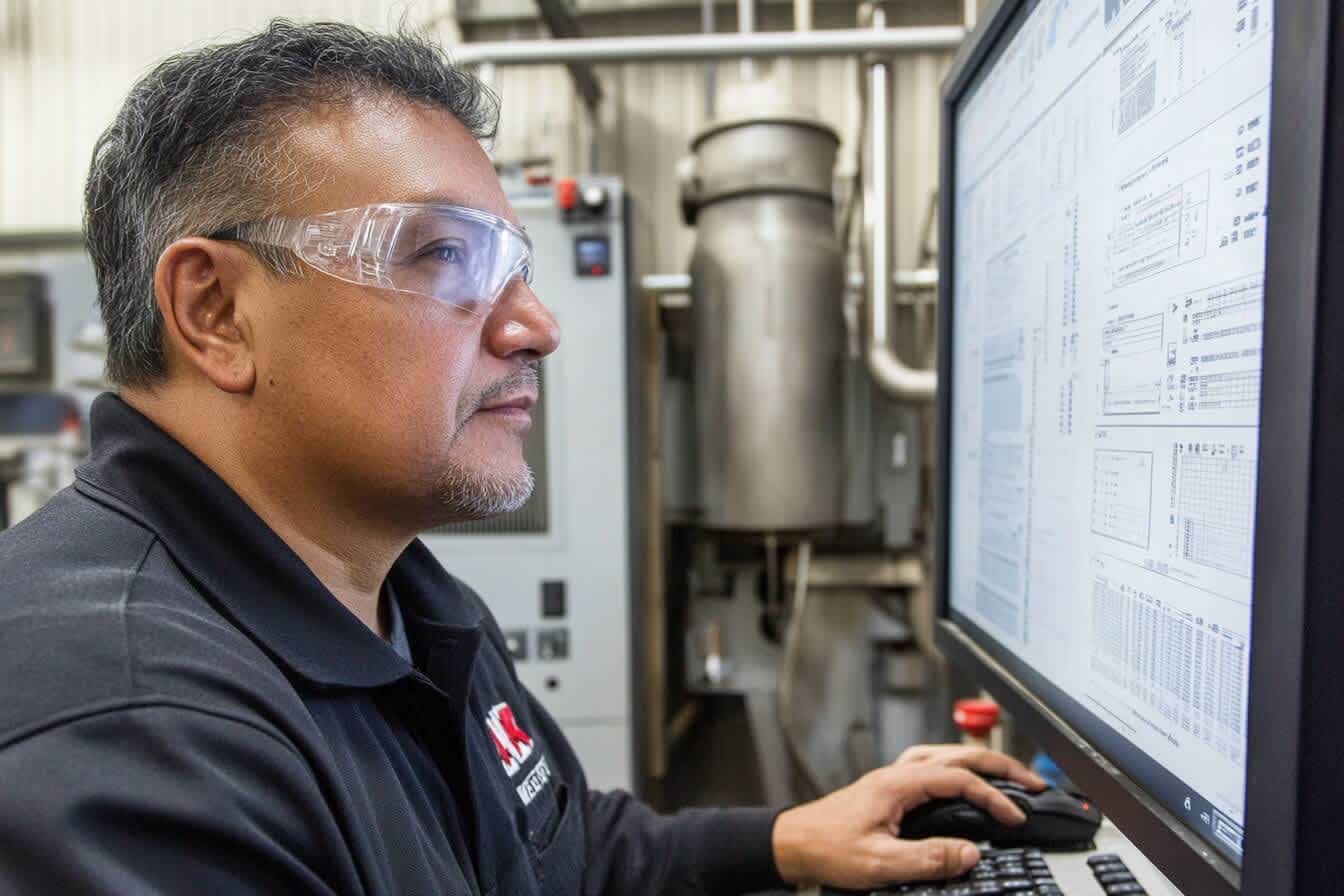 A worker in a foundry operating Timewave workforce scheduling software