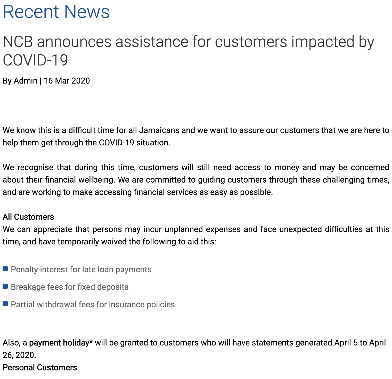 NCB announces assistance for customers impacted by COVID-19