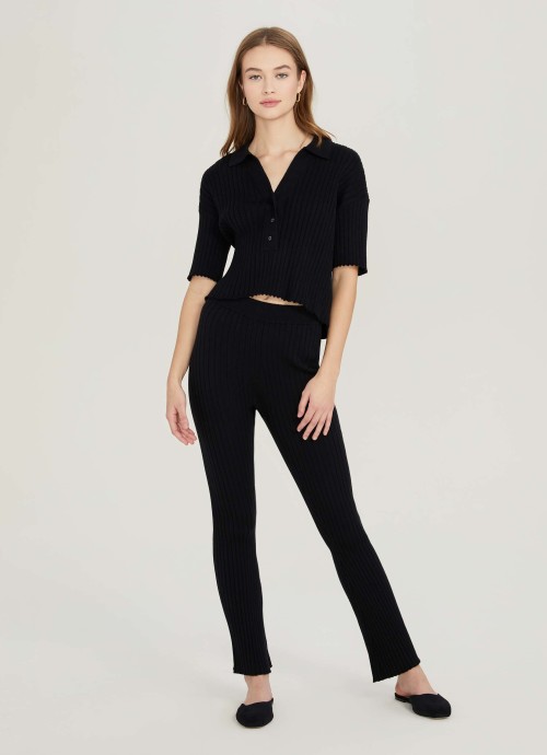 SN Ribbed Short Sleeve Polo and Ribbed Wide Leg Pants with Slits in black