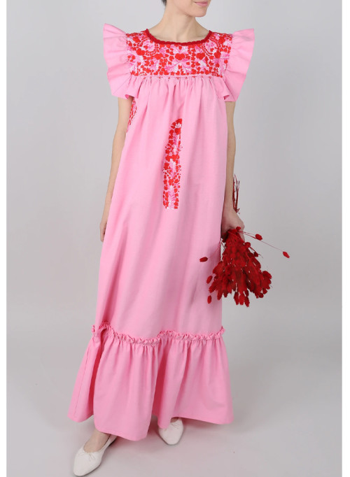 MI GOLONDRINA Lucia Mujer Rojo y Rosa Brillante Pink and Red ruffle dress