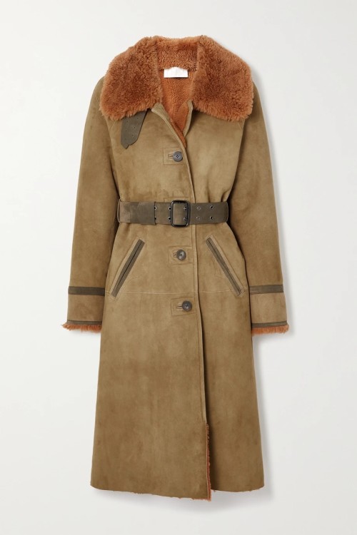 CHLOÉ
Belted shearling-trimmed suede coat in green