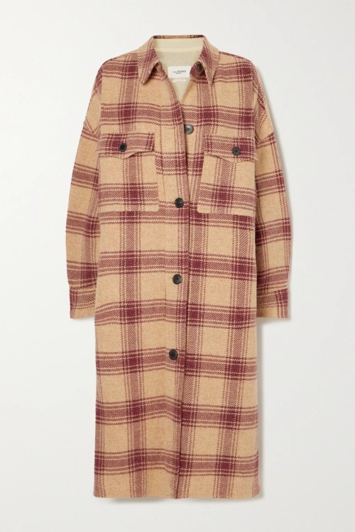 Isabel Marant Plaid Coat, Fontiali oversized checked wool coat in tan and maroon