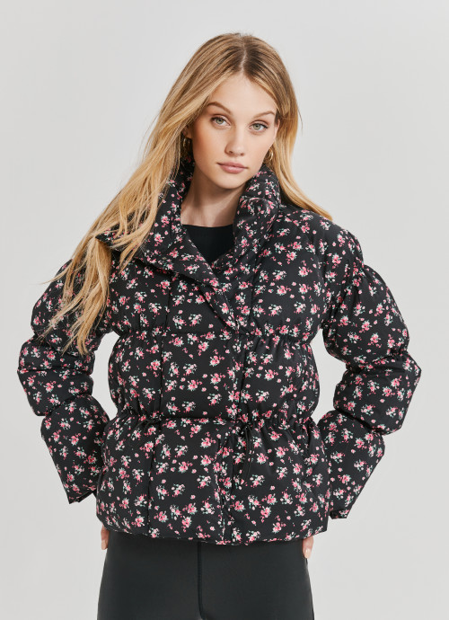 Model in SN Floral Puffer Jacket Pink Black