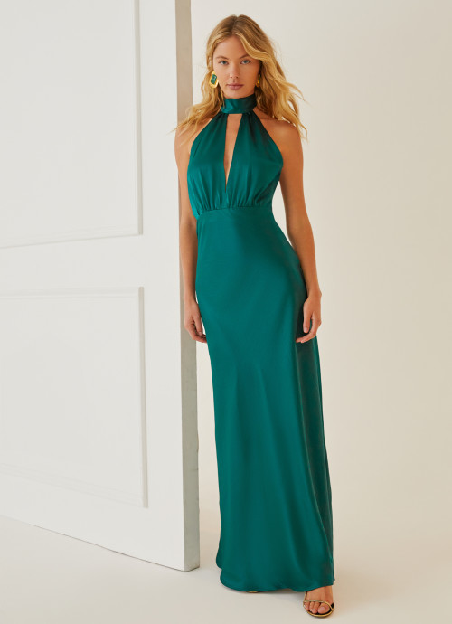 Model in Silky Halter Cutout Gown in Emerald