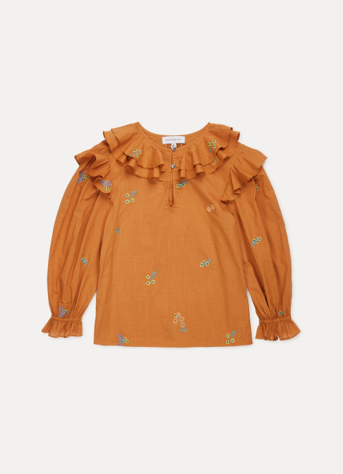Embroidered Ruffle Top in orange and floral print
