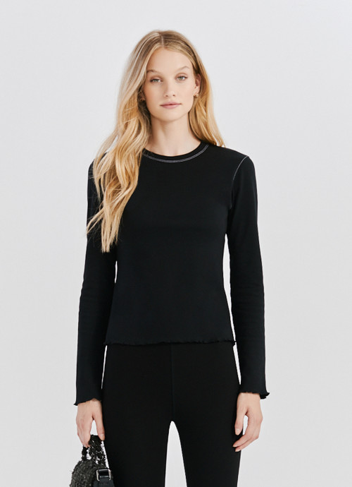 Contrast Stitch Long Sleeve Lettuce Edge Top in black