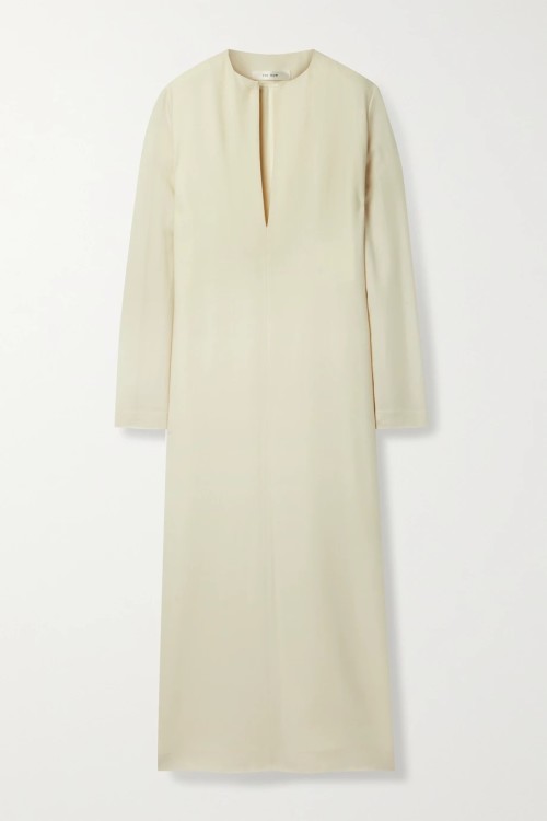 THE ROW, Simona wool-twill maxi dress in cream with a loose fit, plunging V-neckline, and split maxi hem