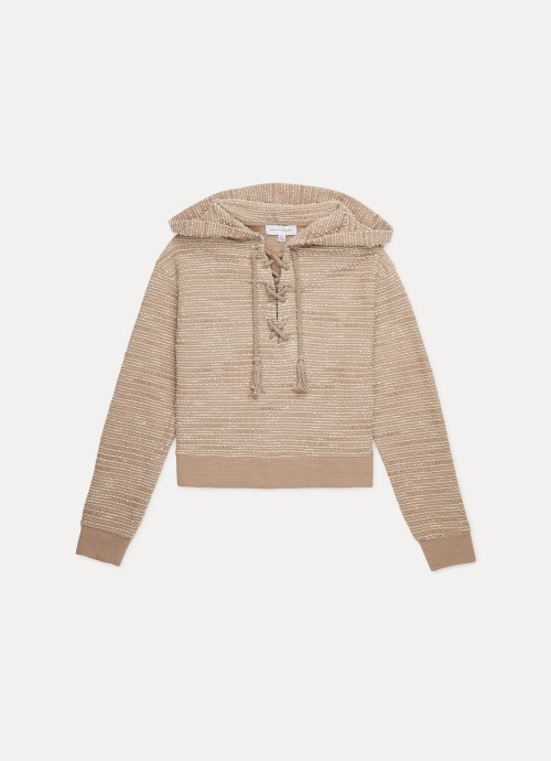 Textured Lace Up Hoodie Tan Combo