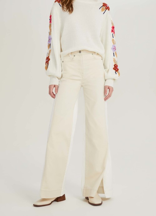 SN Two-Toned Wide Leg Denim with Slits in Ivory