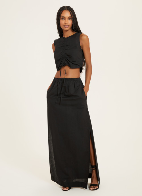 Model in Cinched Top and Maxi Skirt Set in Black