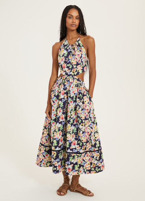 Model in Floral Cut Out Midi Dress in Navy Combo