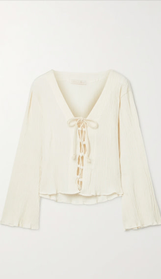 Savannah Morrow The Label Amey Lace-Up Crinkled Organic Cotton-Gauze Cream Top