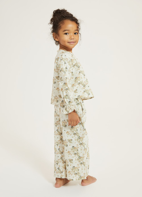 Model in Kids Cropped Floral Wide Leg Set in Tan Combo