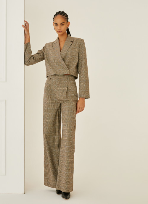 Model in Plaid Cropped Blazer and Plaid High Waisted Wide Leg Pants in Brown Combo