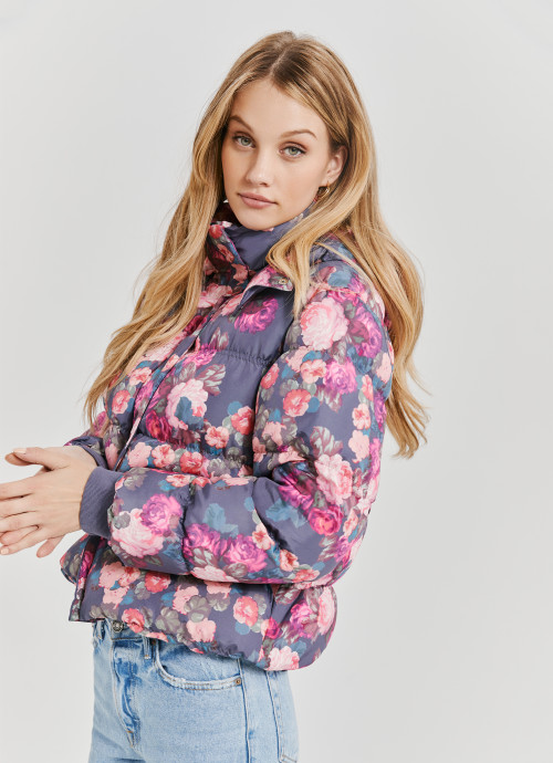 Model in SN Floral Hooded Puffer Jacket Pink Combo