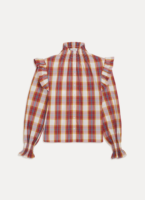 SOMETHING NAVY Red and White Plaid Betsy Ruffle Top