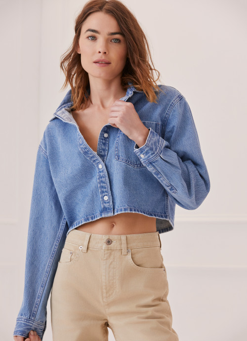 Model in Cropped Lightweight Denim Shirt Jacket