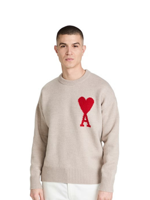 AMI Felted wool sweater tan with red heart
