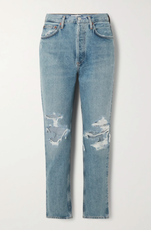AGOLDE
Fen Cropped Distressed Organic High Rise Slim-Leg Jeans