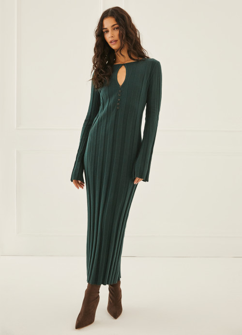 Model in Ribbed Keyhole Sweater Dress in Emerald