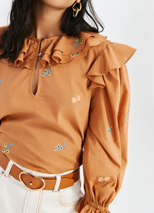 Orange embroidered ruffle floral top