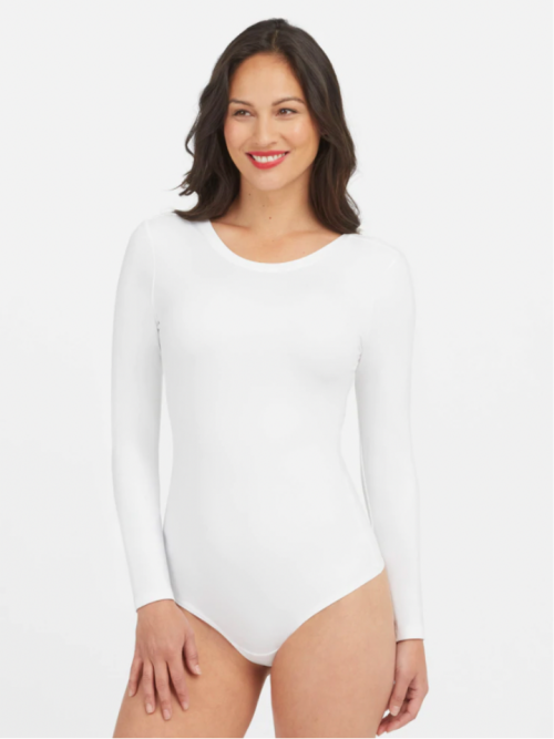 Spanx Suit Yourself Long Sleeve Scoop Neck Bodysuit in white