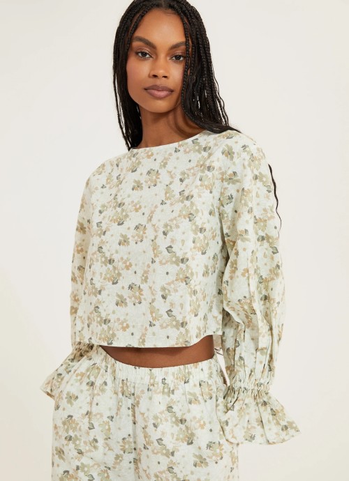 Something Navy Cropped Floral Blouse with Cinched Sleeves