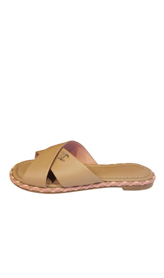 Chanel Light Brown (Beige) Rev Crisscross Leather Flat Slides Sandals