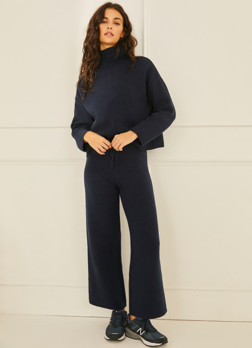 Turtleneck with Piping Details and Wide Leg Sweater Pants in Navy