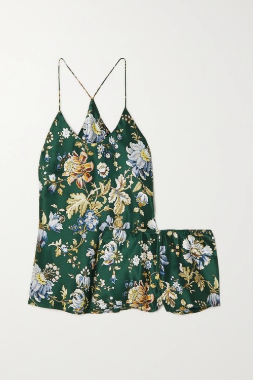 OLIVIA VON HALLE Bella floral-print silk-satin pajama set in green
