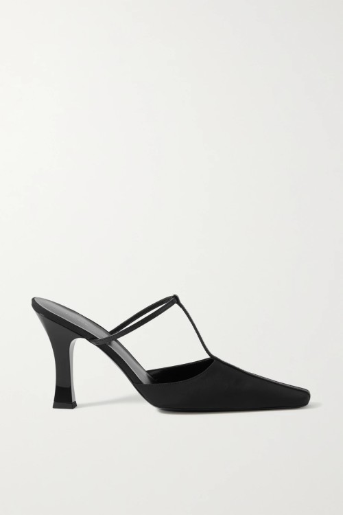 The Row Office Leather-Trimmed Shell Mules in black