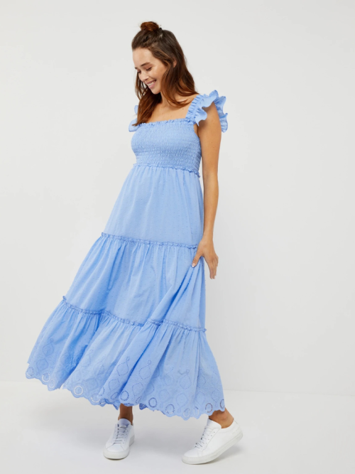 A PEA IN THE POD Pietro Brunelli Chloe Ruffle Sleeve Smocked Maternity Dress in blue
