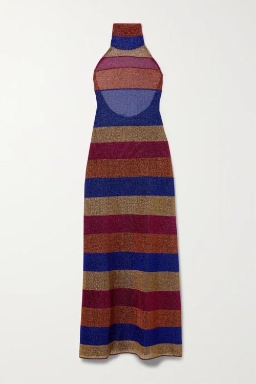 OSÉREE Striped Stretch-Lurex Halterneck Maxi Dress