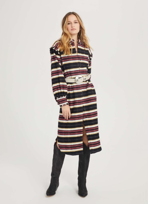 Belted Striped Button Up Dress in black, white, pink