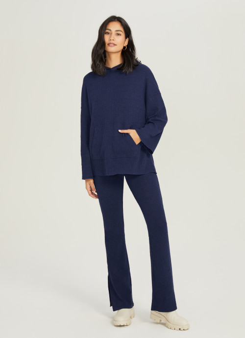Ribbed Textured Flare Pants with Slits Navy