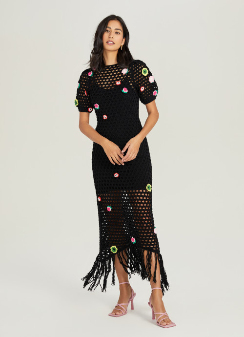 Crochet Maxi Dress with Floral Applique Black