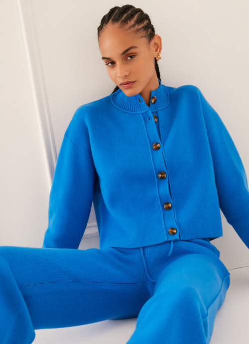 Model in Mock Neck Cardigan and Wide Leg Sweater Pants in Cobalt