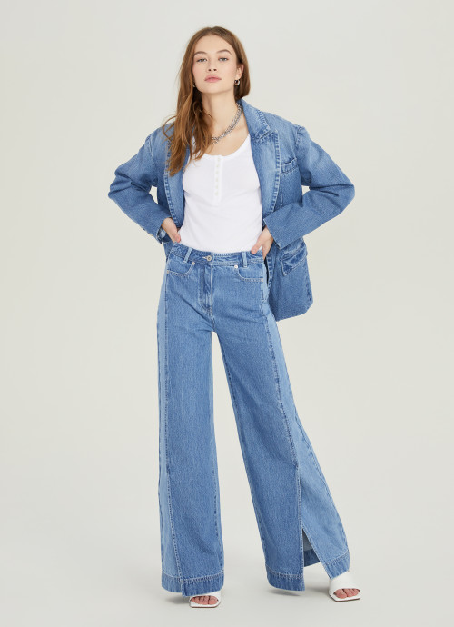 Two-Toned Wide Leg Denim with Slits in blue, full view
