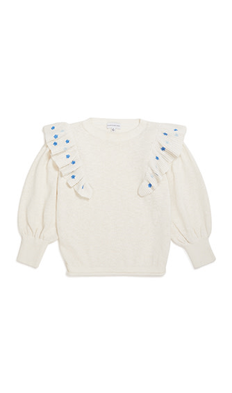 Louise Embroidered Ruffle Sweater in white with blue floral details