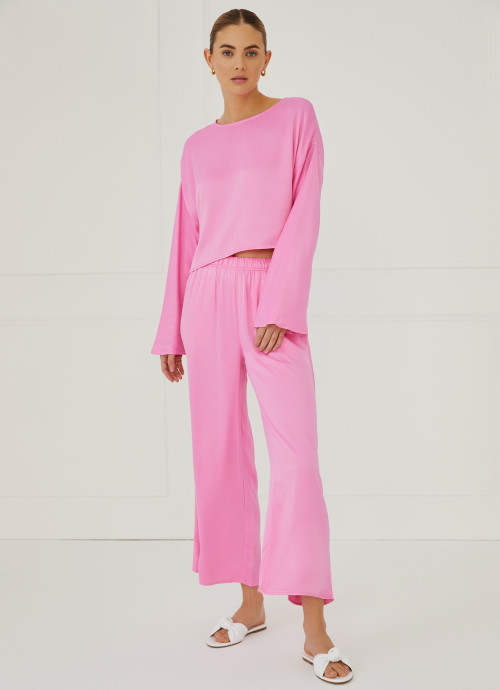 Silky Long Sleeve Cropped Top and pants pink