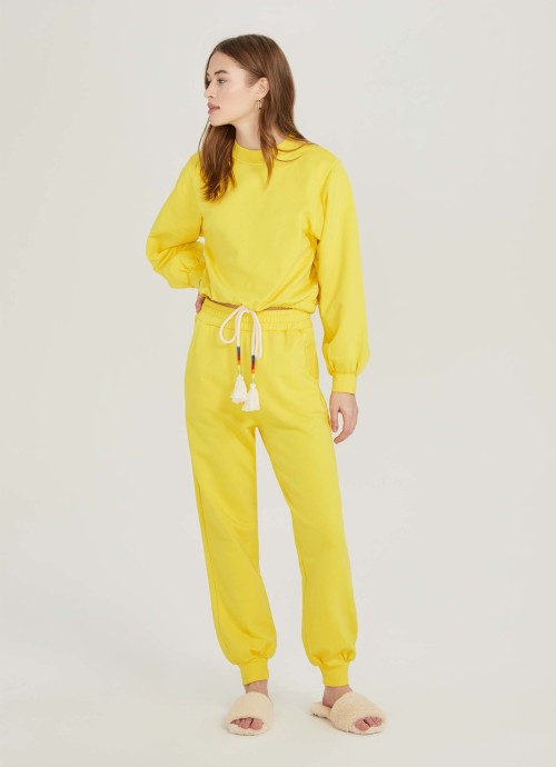 Classic Joggers with Cuffs and Cropped Sweatshirt with Rainbow Drawstring in yellow